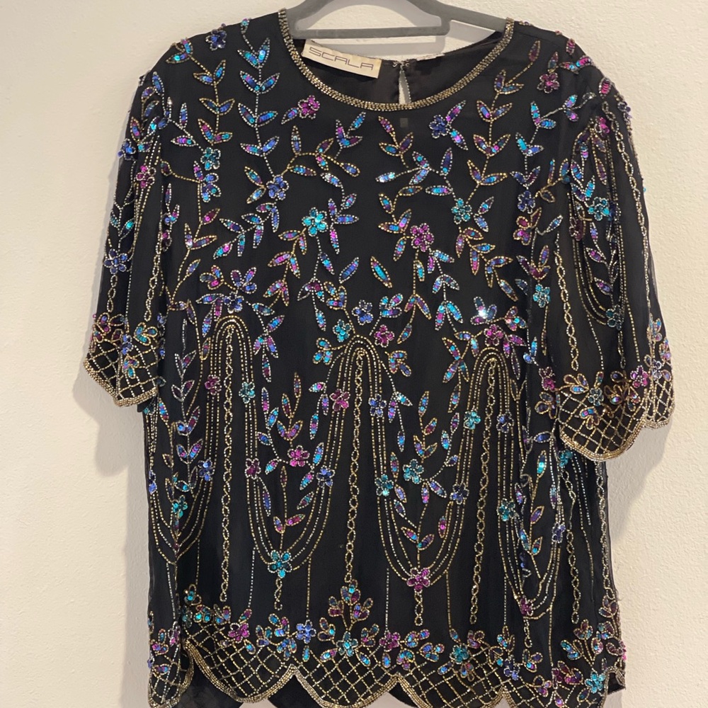 VTG Scala Silk Sequins V Neck Whimsigoth Fairy Lady 2X Evening Party Blouse Top